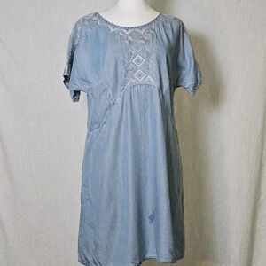Anthropologie Holding Horses Embroidered Chambray Denim Dress SZ S Pockets Boho